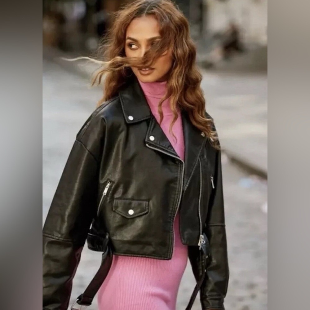 Avec Les Filles Oversized Faux Leather Cropped Moto Jacket Size Medium NWOT